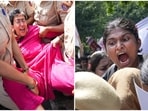 AAP leader Atishi detained (L). Political parties and members of AISA, SFI, NSUI and other student bodies are protesting to demand Chief Election Commissioner (CEC) Gyanesh Kumar's resignation over the alleged irregularities in the Special Intensive Revision (SIR) of electoral rolls and mass deletion of voters.