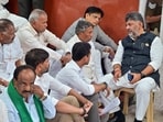 Karnataka chief minister DK Shivakumar and cabinet colleagues protest at the state Chief Electoral Officer's office, in Bengaluru, Karnataka,