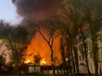 Smoke and flames rise from an oil refinery in Samara, Russia. (SOCIAL MEDIA via REUTERS)