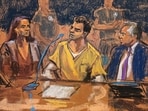 Luigi Mangione sits between defense lawyers Karen Friedman Agnifilo and Marc Agnifilo as he allocutes during a hearing in his federal murder trial at Manhattan Criminal Court in New York City, U.S., August 14, 2026 in this courtroom sketch. (REUTERS)