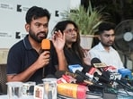 Abhijeet Dipke, founder of the Cockroach Janta Party (CJP), speaks during a press conference before a protest against CEC Gyanesh Kumar, in Mumbai