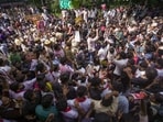 People stage a protest against the CEC near the Jantar Mantar, in New Delhi on Friday.
