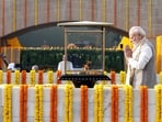 Prime Minister Narendra Modi pays homage to Mahatma Gandhi at Rajghat on Gandhi Jayanti, in New Delhi on Friday. 