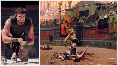 Paul Mescal in Gladiator II (2024). In real life, gladiators weren’t the lean body-builders that Hollywood has glorified. They were conspicuously heavy, with scarred faces, and often-deformed bodies. (Right) Pollice Verso, an 1872 painting of a fight by Jean-Léon Gérôme. (Wikimedia Commons) Paul Mescal in Gladiator II (2024). In real life, gladiators weren’t the lean body-builders that Hollywood has glorified. They were conspicuously heavy, with scarred faces, and often-deformed bodies. (Right) Pollice Verso, an 1872 painting of a fight by Jean-Léon Gérôme. (Wikimedia Commons)