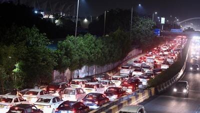 A view of traffic on the Barapullah flyover, seen from the Lodhi Road side in New Delhi, on Thursday (HT Photo/Raj K Raj) A view of traffic on the Barapullah flyover, seen from the Lodhi Road side in New Delhi, on Thursday (HT Photo/Raj K Raj)