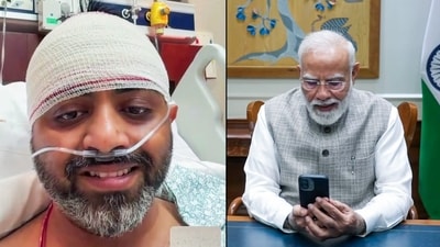 Prime Minister Narendra Modi virtually speaks to Captain Smit Machchhar, who saved hundreds of lives aboard a flydubai flight to Tel Aviv, in New Delhi on Friday. The pilot is undergoing treatment in Saudi Arabia's Tabuk for injuries sustained in a mid-air attack. (ANI Video Grab) Prime Minister Narendra Modi virtually speaks to Captain Smit Machchhar, who saved hundreds of lives aboard a flydubai flight to Tel Aviv, in New Delhi on Friday. The pilot is undergoing treatment in Saudi Arabia's Tabuk for injuries sustained in a mid-air attack. (ANI Video Grab)
