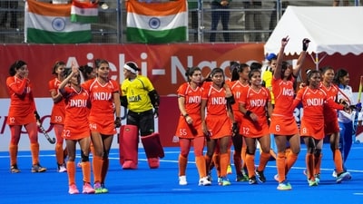 Team India players celebrate their win against team China after the women's hockey gold medal match at the Asian Games in Gifu, Japan, Friday, Oct. 2, 2026. (AP Photo)
