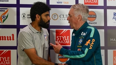 Brazil Men's National Football team head coach Carlo Ancelotti interacts with India Men's National Football team head coach Khalid Jamil during press conference ahead of upcoming International Friendly match in Kolkata, India, on Friday, October 2, 2026. (Photo by Samir Jana/ Hindustan Times) (Hindustan Times) Brazil Men's National Football team head coach Carlo Ancelotti interacts with India Men's National Football team head coach Khalid Jamil during press conference ahead of upcoming International Friendly match in Kolkata, India, on Friday, October 2, 2026. (Photo by Samir Jana/ Hindustan Times) (Hindustan Times)