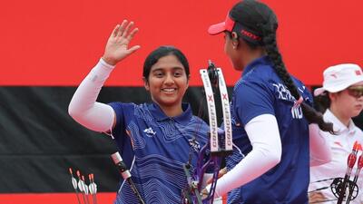 India's Prithika Pradeep celebrates after winning gold in women’s compound team event at the Asian Games. (REUTERS) India's Prithika Pradeep celebrates after winning gold in women’s compound team event at the Asian Games. (REUTERS)