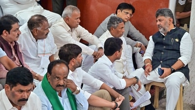 Karnataka chief minister DK Shivakumar and cabinet colleagues protest at the state Chief Electoral Officer's office, in Bengaluru, Karnataka, (PTI Photo)