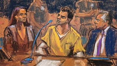 Luigi Mangione sits between defense lawyers Karen Friedman Agnifilo and Marc Agnifilo as he allocutes during a hearing in his federal murder trial at Manhattan Criminal Court in New York City, U.S., August 14, 2026 in this courtroom sketch. (REUTERS)