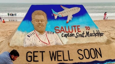 The sand sculpture pays tribute to Captain Smit Machchhar. (Instagram/@sudarsansand) The sand sculpture pays tribute to Captain Smit Machchhar. (Instagram/@sudarsansand)