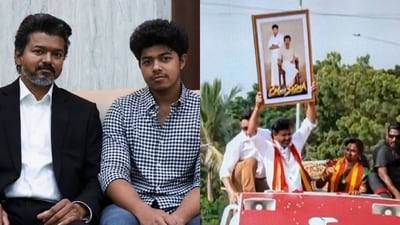 CM Vijay’s proud father moment as he holds up son Jason Sanjay’s Sigma photo at roadshow. (X)