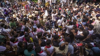 People stage a protest against the CEC near the Jantar Mantar, in New Delhi on Friday. (PTI)