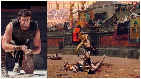 Paul Mescal in Gladiator II (2024). In real life, gladiators weren’t the lean body-builders that Hollywood has glorified. They were conspicuously heavy, with scarred faces, and often-deformed bodies. (Right) Pollice Verso, an 1872 painting of a fight by Jean-Léon Gérôme. (Wikimedia Commons)