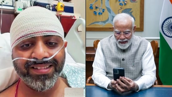 Prime Minister Narendra Modi virtually speaks to Captain Smit Machchhar, who saved hundreds of lives aboard a flydubai flight to Tel Aviv, in New Delhi on Friday. The pilot is undergoing treatment in Saudi Arabia's Tabuk for injuries sustained in a mid-air attack.