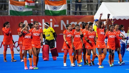 Team India players celebrate their win against team China after the women's hockey gold medal match at the Asian Games in Gifu, Japan, Friday, Oct. 2, 2026.