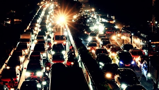Traffic jam from Ashram to Lajpat Nagar after Barapullah Phase-III elevated corridor opened, in New Delhi.