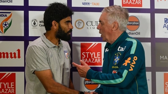 Brazil Men's National Football team head coach Carlo Ancelotti interacts with India Men's National Football team head coach Khalid Jamil during press conference ahead of upcoming International Friendly match in Kolkata, India, on Friday, October 2, 2026. (Photo by Samir Jana/ Hindustan Times) (Hindustan Times)