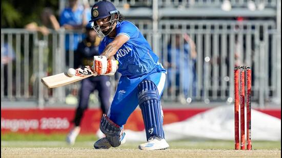 India's Ishan Kishan plays a shot during the semi-final against Sri Lanka at the Asian Games. (PTI)