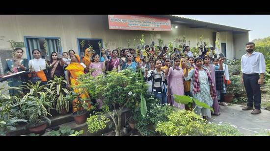 Rural women attending a training session to learn raising seedlings in nurseries set up in their home courtyards. (HT PHOTO)