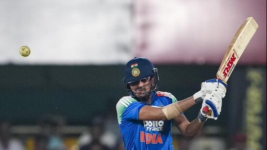 Shubman Gill in action against West Indies, in Guwahati on Wednesday. (PTI)