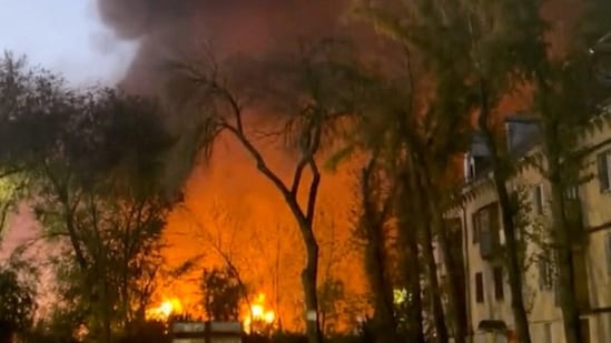 Smoke and flames rise from an oil refinery in Samara, Russia. 