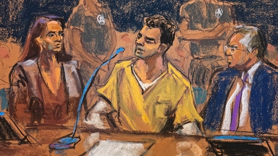 Luigi Mangione sits between defense lawyers Karen Friedman Agnifilo and Marc Agnifilo as he allocutes during a hearing in his federal murder trial at Manhattan Criminal Court in New York City, U.S., August 14, 2026 in this courtroom sketch. 