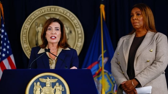 New York Governor Kathy Hochul and New York Attorney General Letitia James attend a press conference regarding an investigation into alleged sexual assault at Cornell University, in New York City, US, October 2, 2026. REUTERS/Jeenah Moon (REUTERS)
