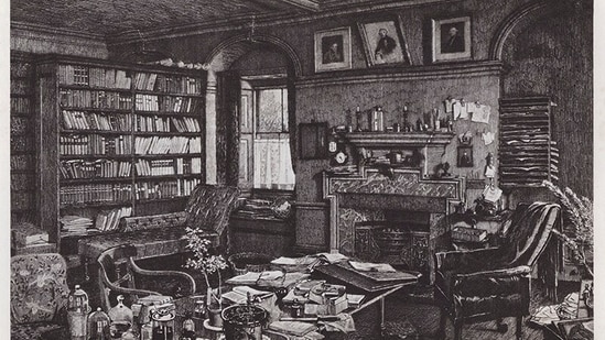 An illustration of Darwin’s study, reproduced from an etching by Axel Herman Haig. The work was commissioned a week after Darwin died in 1882.