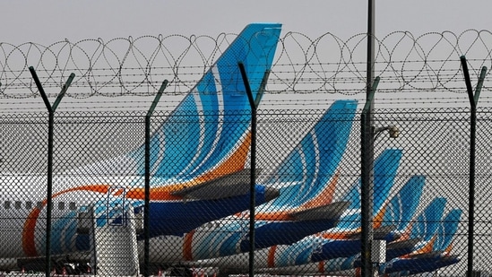 FlyDubai planes at Dubai International Airport. The airline has suspended its flights to Israel while the probe continues.