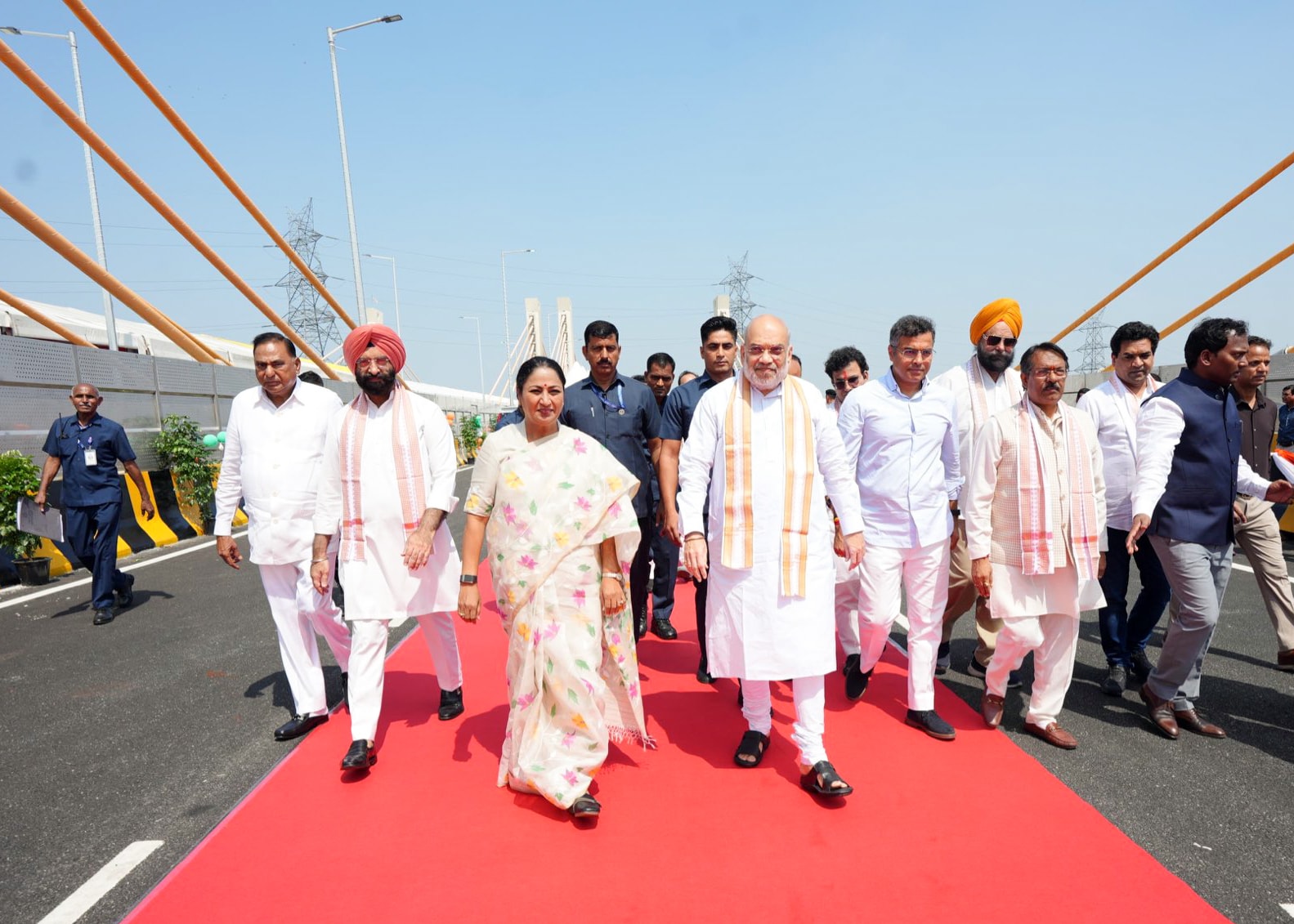 Union home minister Amit Shah, Delhi chief minister Rekha Gupta, Union MoS Harsh Malhotra, and Delhi ministers Pravesh Sahib Singh, Manjinder Singh Sirsa walk on the newly inaugurated Barapullah elevated road, in New Delhi on September 29. (X via ANI Photo) Union home minister Amit Shah, Delhi chief minister Rekha Gupta, Union MoS Harsh Malhotra, and Delhi ministers Pravesh Sahib Singh, Manjinder Singh Sirsa walk on the newly inaugurated Barapullah elevated road, in New Delhi on September 29. (X via ANI Photo)