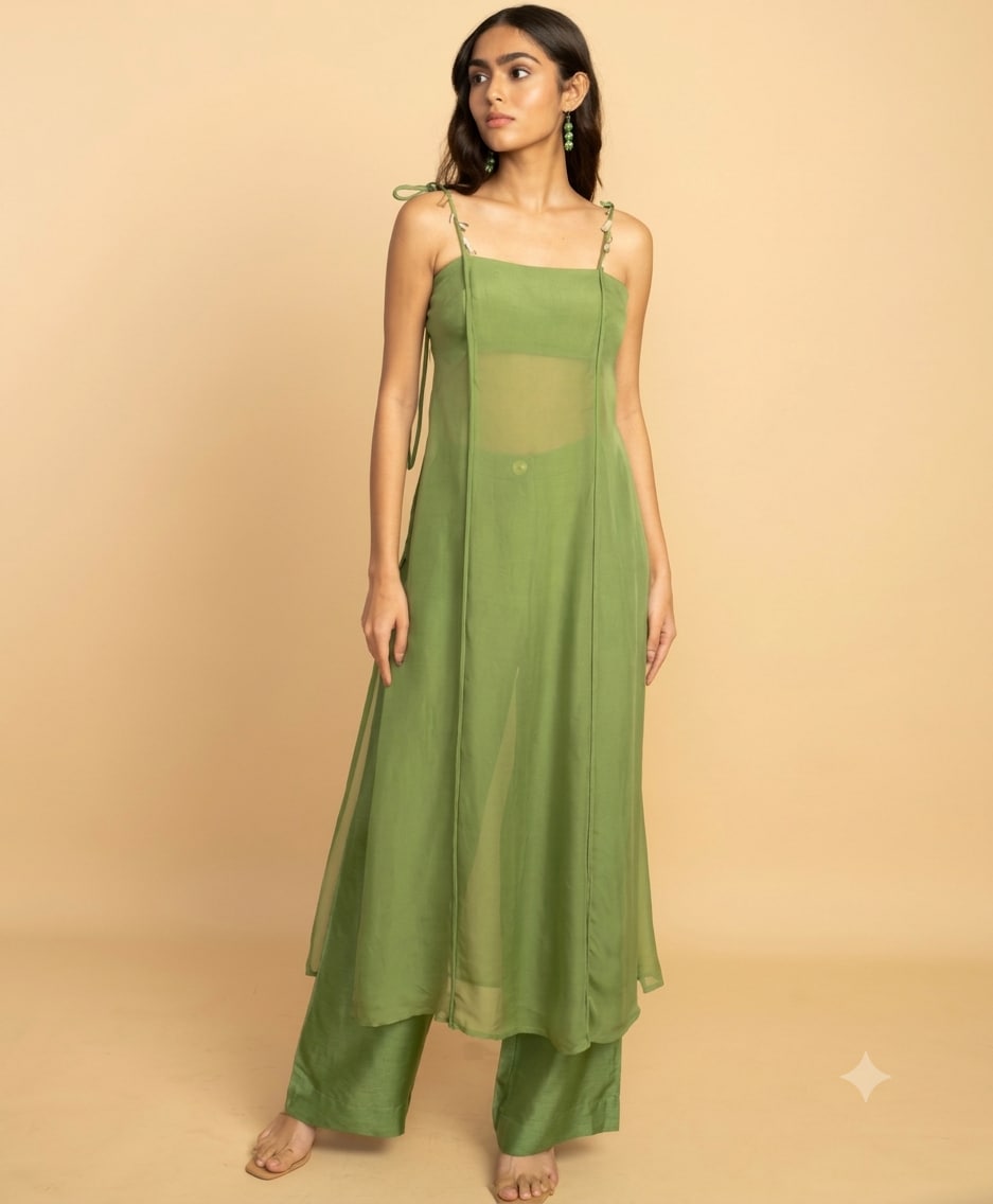 A breezy sage green look features a sheer layer and wide-leg trousers. (Shop Samae)