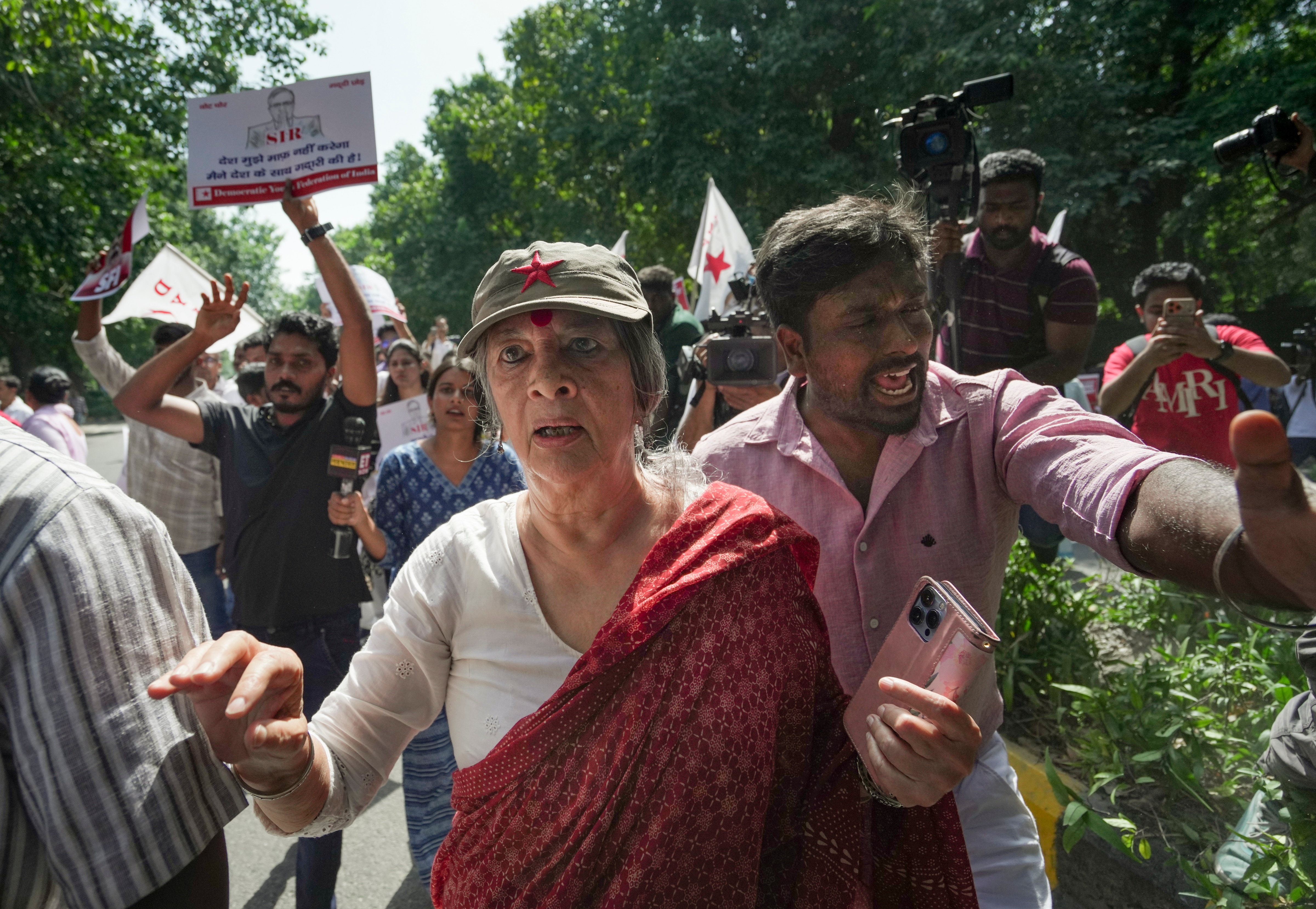 CPI(M) leader Brinda Karat takes part in a protest against the CEC near the Jantar Mantar, in New Delhi. (PTI) CPI(M) leader Brinda Karat takes part in a protest against the CEC near the Jantar Mantar, in New Delhi. (PTI)