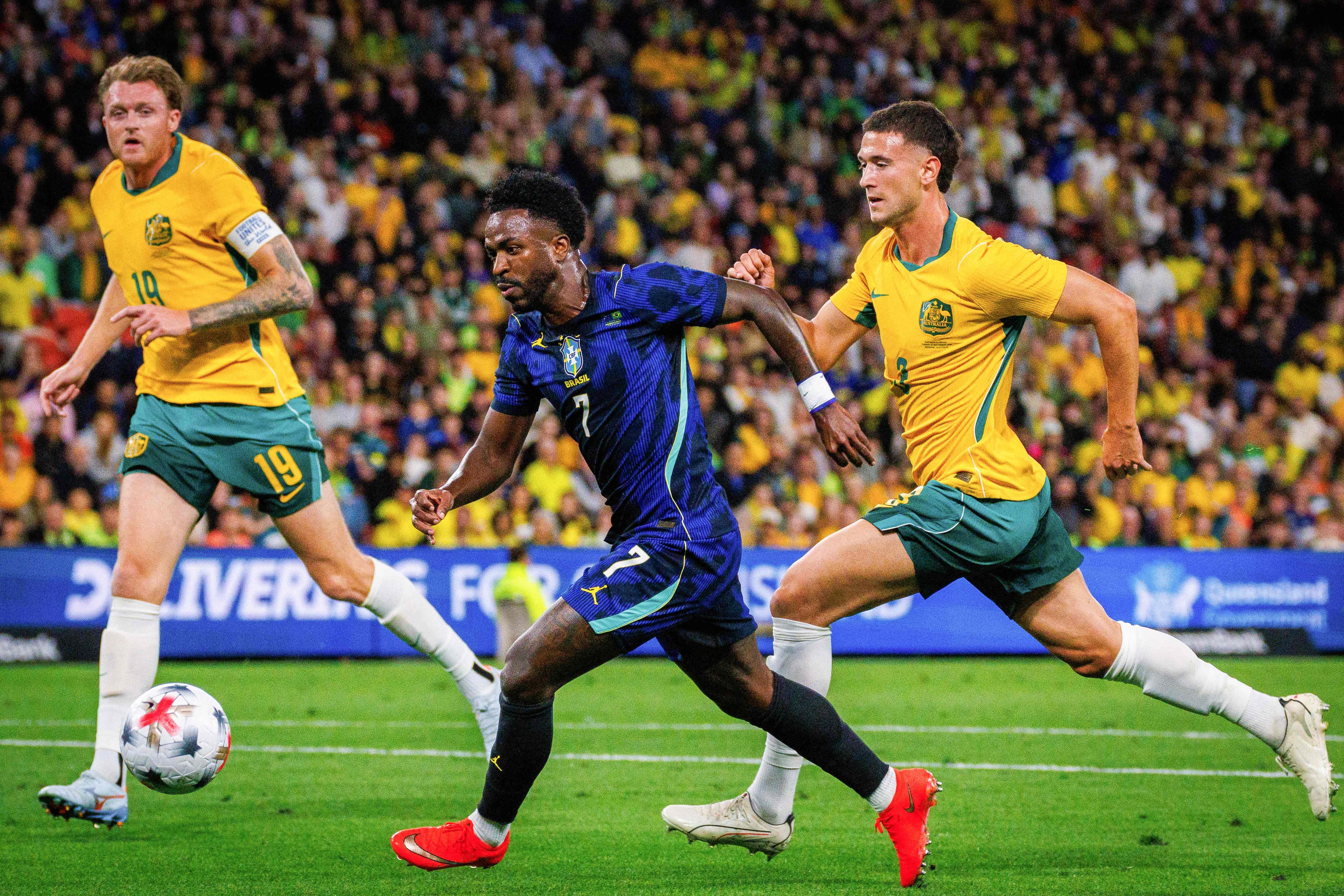 Brazil's Vinicius Junior in action against Australia at Suncorp Stadium in Brisbane on Tuesday. (AFP) Brazil's Vinicius Junior in action against Australia at Suncorp Stadium in Brisbane on Tuesday. (AFP)