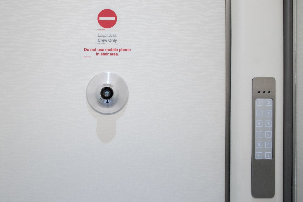 A camera mounted on the closed cockpit door of an Airbus A380 aircraft. A camera mounted on the closed cockpit door of an Airbus A380 aircraft.