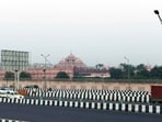 A distant view of the Akshardham Temple complex from across the highway, as Delhi recorded its lowest monthly average Air Quality Index (AQI) for September in 2026, according to the Commission for Air Quality Management (CAQM).