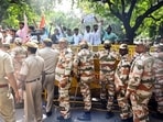 Security personnel stop protesters with barricades on a road near Jantar Mantar during a protest seeking Chief Election Commissioner Gyanesh Kumar's resignation over voter roll deletions, in New Delhi on Friday. (ANI)