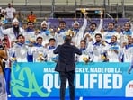 Gold medallist India's players pose for photographers during the medal ceremony for the men's hockey event, at the ongoing 20th Asian Games, in Kakamigahara, Japan, Saturday, Oct. 3, 2026.(PTI)