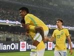 Pedro of Brazil celbraes a goal during FIFA International Friendly match against India at Vivekananda Yuva Bharati Stadium in Kolkata, India, on Saturday.