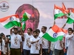 Cockroach Janta Party (CJP) founder Abhijeet Dipke and co-convener Ashutosh Ranka during a protest against CEC Gyanesh Kumar, demanding his resignation, at Shivaji Park, in Mumbai.(PTI)