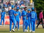 Nisshin: India's Axar Patel celebrates with teammates after taking the wicket of Pakistan's Usman Khan during the final T20I cricket match between India and Pakistan, at the 20th Asian Games, in Nisshin
