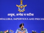 Chief of the Air Staff Air Chief Marshal AP Singh addresses the annual press conference ahead of Air Force Day at the Air Force Auditorium, Subroto Park, in New Delhi, Saturday, Oct. 3, 2026. 
