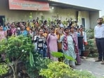 Rural women attending a training session to learn raising seedlings in nurseries set up in their home courtyards. (HT PHOTO)