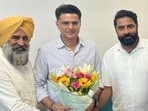 Three-time Jalandhar Cantonment MLA Pargat Singh (left), who was named Punjab Congress chief on Friday, greeting recently appointed Punjab party affairs in-charge Sachin Pilot (centre) in New Delhi on Saturday. (X)