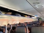 This screengrab shows passengers inside the rerouted flydubai flight FZ 1073, ahead of its departure to Tel Aviv from Saudi Arabia's Tabuk airport. 