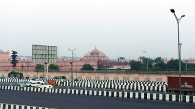 A distant view of the Akshardham Temple complex from across the highway, as Delhi recorded its lowest monthly average Air Quality Index (AQI) for September in 2026, according to the Commission for Air Quality Management (CAQM). (ANI Video Grab)