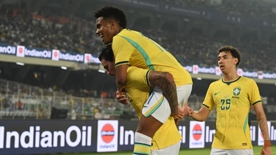 Pedro of Brazil celbraes a goal during FIFA International Friendly match against India at Vivekananda Yuva Bharati Stadium in Kolkata, India, on Saturday. (Samir Jana / Hindustan Times)