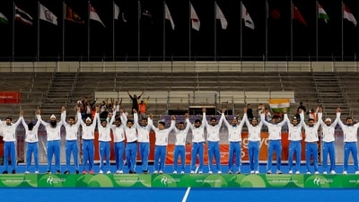 Gold medallists India celebrate on the podium during the victory ceremony. (REUTERS)