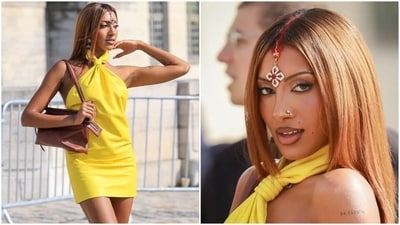 Is sindoor and maang tika glam officially high fashion, or did Lara Raj's creative team cross into performative territory? (Instagram/ lararajbrs) Is sindoor and maang tika glam officially high fashion, or did Lara Raj's creative team cross into performative territory? (Instagram/ lararajbrs)